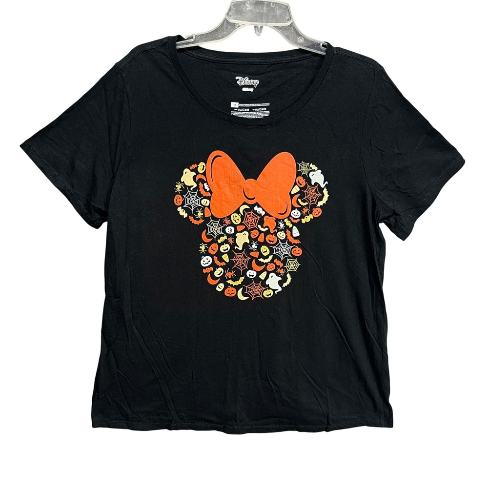 Disney Minnie Mouse Halloween Graphic T-Shirt Black Orange 1X Plus Size Bow